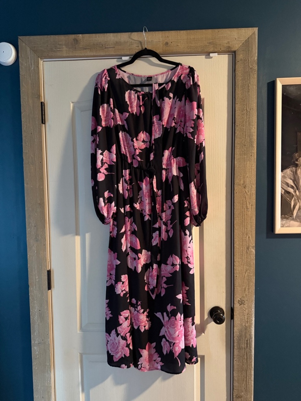 SHEIN Black Midi Dress with Pink Floral Print